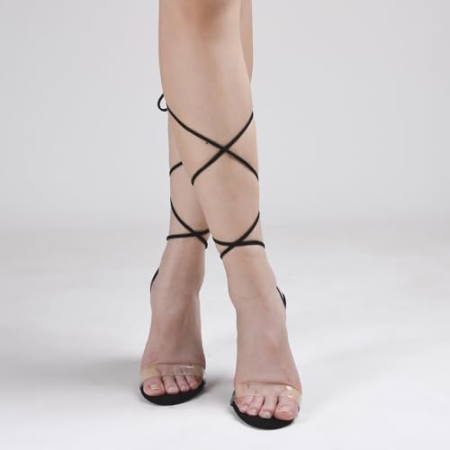 GENSHUO Sexy Strappy Rhinestone Chunky Sandals for Women Lace-up High Heels Transparent Open Toe Party Wedding Homecoming Shoes4