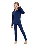 woolcano Kids' Merino Wool Thermal Set, 100% Wool Base Layer for Skiing, Snow & Winter Sports Navy Blue 9-10, 260g/m²