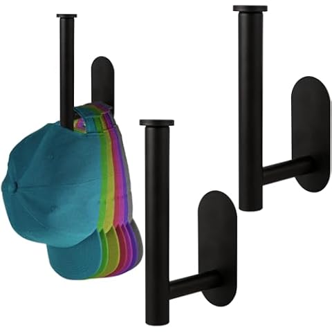 PEUTIER 2pcs Hat Racks for Baseball Caps, No Drill Hat Hooks for Wall Stainless Steel Hat Storage Organizer Self-Adhesive Hat Hanger for Door Bedroom Closet (Black) Cover