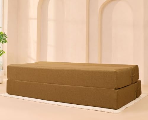 Image of uberlyfe Xtra High, Xtra Soft 3 Seater (6' x 6') Sofa Cum Bed | 1 Year Warranty | 17 inch Sofa Height | King Size Foldable Bed | Water Repellent Fabric | 3 Cushions Bloom Pattern | Rodhouse Brown Color