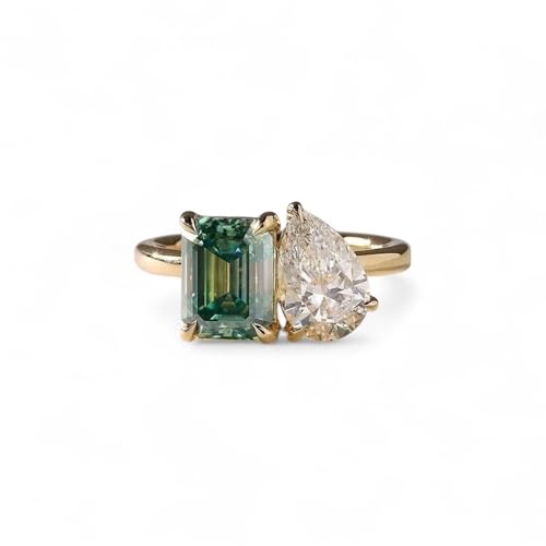 Toi Et Moi Ring for Women | 2 Stone Engagement Ring with Emerald-Cut Green & Pear-Shaped White Simulated Diamond | 2.5 Carat Gemstone | 18K Gold Plated Promise Ring | Unique Statement Jewelry Gift