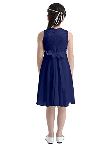 Feeshow Kids Girls Sequin Lace Formal Wedding Pageant Party Prom Ball Gown Flower Girl Dress Crystal Belt Navy Blue 14 #TOP3