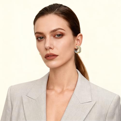 Image of Gold and Silver Mixed Metal Clip-On Earrings Two Tone Clip-On Earrings Chunky Twist Open Hoops Earring Fashion Jewelry