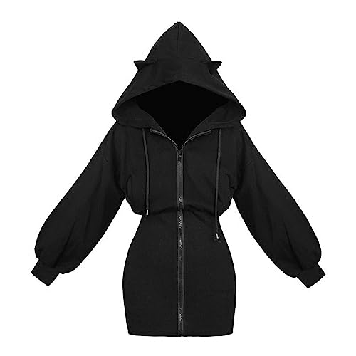 Pulloverkleid Damen Mit Kapuze - Casual Langarm Gothic Punk Hoodie Kleid - Zip Up Slim Fit Mini Enges Partykleid - Freizeit Kurz Sweatshirt