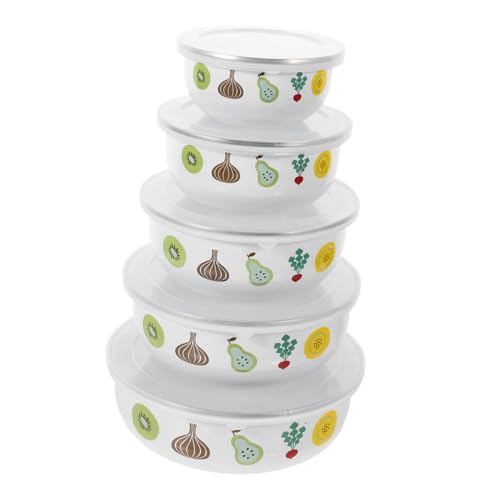 Ipetboom 5 Piezas Tazón de Enamel con Tapa para Almacenamiento de Alimentos Recipientes de Comida para Ensaladas y Frutas para Mantener Fresco y Organizar