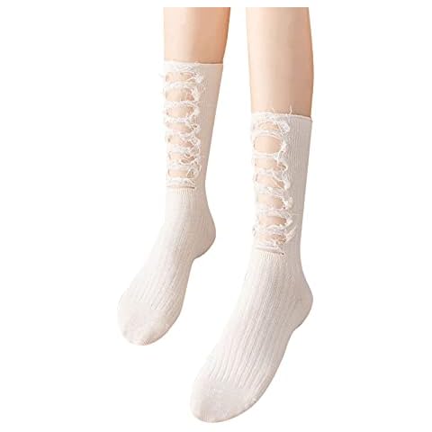 Women's Ripped Destroyed Socks Colorful Combed Cotton Fun Personality Fashion Unisex Calf High Socks, Beige, Medium Cover