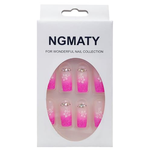 Press On Nails Long Pink Gradient Threedimensional Petal Rhinestone Fake nails 12 Sizes 24 Pcs Gel False Nail Set - Image 4