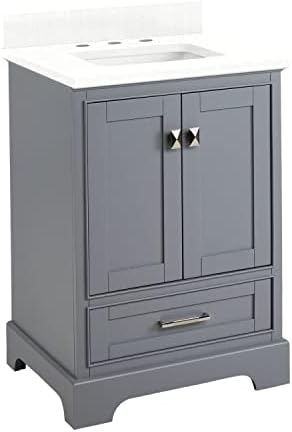 Signature Hardware 480560 Quen 24" Free Standing Single Vanity Set with Wood Cabinet, Vanity Top and Rectangular Undermount Vitreous China Sink - 8" Faucet Holes - Gray/Feathered White