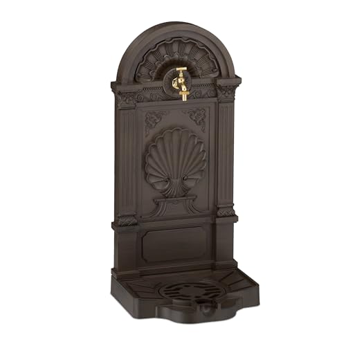 Relaxdays Standbrunnen, Antik-Stil, HBT: 82,5x39x32 cm, Nostalgie, Garten, Terrasse, Wasserhahn, Becken, stehend, braun