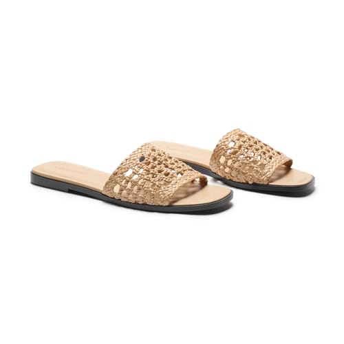 Image of C.Paravano Womens Slides Woven Flats Raffia Sandals Summer Beach Slip ons | handmade woven crafts, Nappa lambskin Insole, Lightweight, Open toe