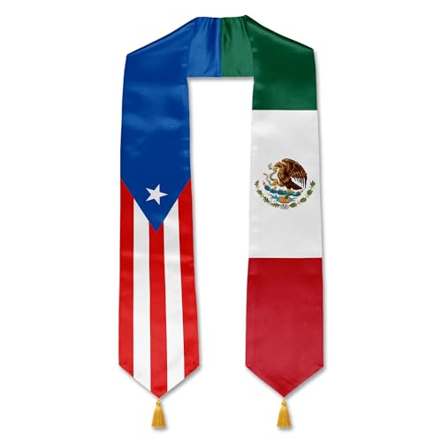 YOXEULL Mexico Puerto Rico Flag Graduation Stole with Gold Tassels, Unisex Adult Graduation Honor Scarf
