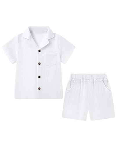 Coco&RARA Toddler Outfits Cute Button Down 3t Boys Clothes Summer Short Sleeve T Shirt Toddler Boy Baptism Outfit + Spring Birthday Party Shorts White 2-3T