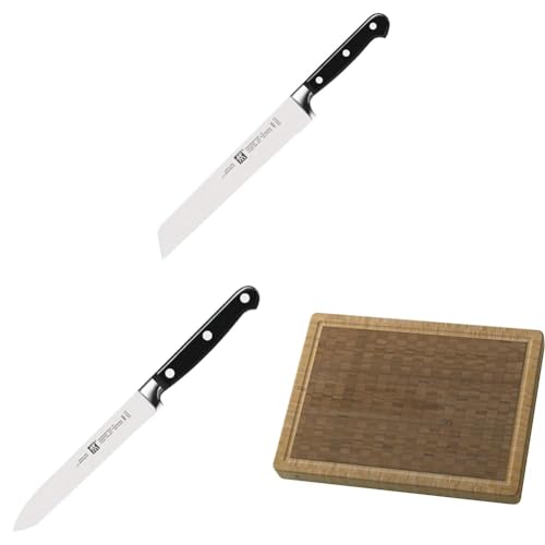 ZWILLING Lot de Couteau à Pain, Lame dentelée : 20 cm, + Couteau Universel, Lame dentelée : 13 cm, Acier Formule Spéciale, série Professional S + Planche à Découper, 42 x 31 cm, Bambou