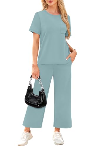 Image of WIHOLL 2 Piece Sets for Women Casual Summer Travel Vacation Outfits Short Sleeve Wide Leg Crop Pants Lounge Sets