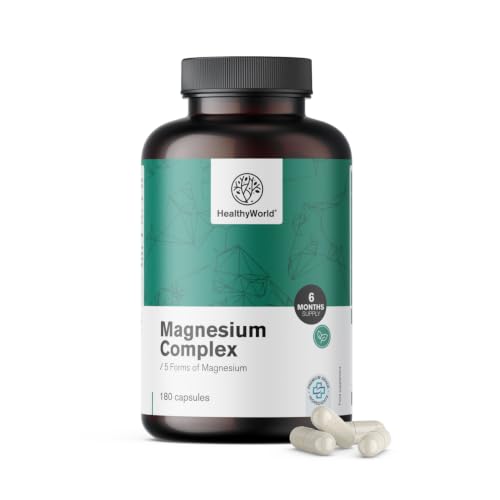 HealthyWorld Complejo de magnesio - 180 cápsulas vegetales - 5 formas: óxido de magnesio, citrato, bisglicinato, malato y ascorbato - Apoyo para los músculos, los huesos y el sistema nervioso