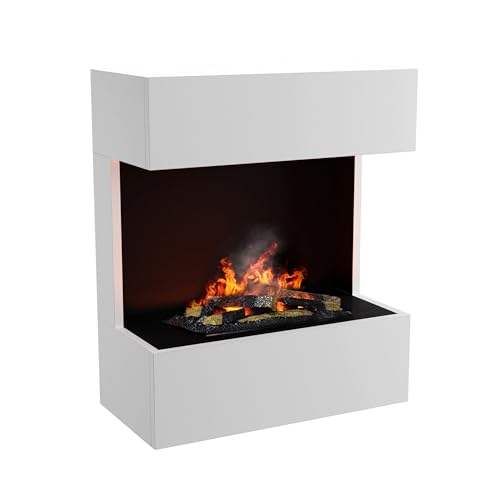 KAMINLICHT Wasserdampf Kamin FREYTAG (Standkamin) - Elektrokamin mit realistischen LED 3D-Flammen, Knistereffekt & Fernbedienung, 60x72x30 cm - Opti-Myst 400 Elektro Kamin mit Holz-Deko, Weiß