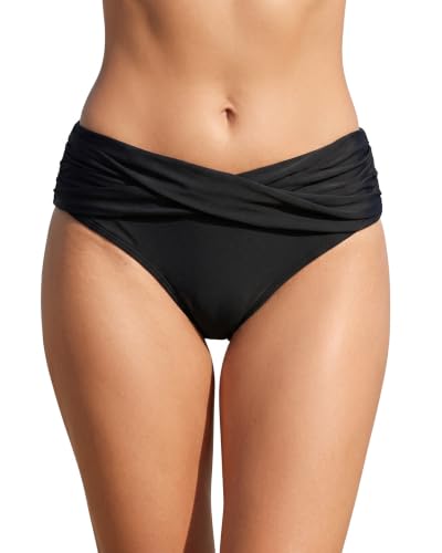 Tempt Me Women Black Twist Bikini Bottom Moderate High Cut Bathing Suit Bottoms Ruched Swimsuit Bottom M