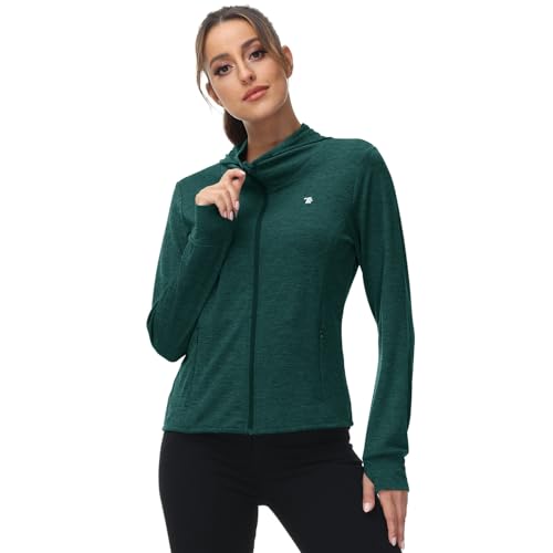 donhobo Damen Sportjacke Laufjacke Langärmlig Leicht Atmungsaktiv Full Zip Sweatjacke für Wandern Outdoor Running (Dunkelgrün, L)
