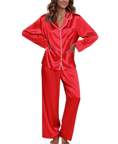Image of Ekouaer Pajamas For Women Set Silk Pjs 2 Piece Satin Sleepwear Long Sleeve Button Down Lounge Sets With Pant