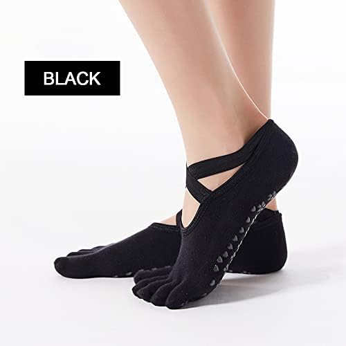Feliciay Yoga Socks For Women Five Toe Socks, Breathable Low Cut Sports Socks For Women Non Slip With Grips With Elastic Cross Straps For Pilates Ballet Dance Fitness(Black)