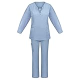 2 Teiler Weiblich Polyester Lockere Langarm Set mit Gummibund Einfarbige Outfit Damen Schule Leicht V Ausschnitt Zip Weich Weihnachtse Hellblau