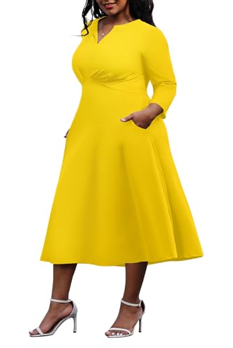 Image of Nmoder Women's Plus Size Stretchy Flared Wrap Dress Casual Wedding Guest Midi Dresses V Neck 3 /4 Sleeve A-Line Swing Dress