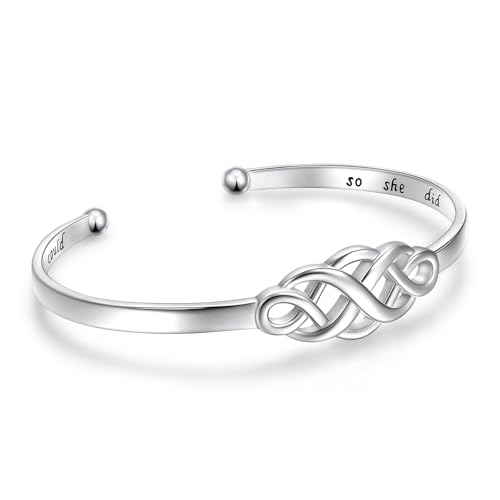 DAOCHONG Sterling Silver Sideways Cross Bangle - Faith Hope Love Engraved Bracelet With Love Heart Circle for Women, Sister, Girlfriend Gift