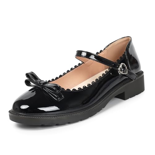 Women's Platform Mary Jane Pumps with Bow Closed Round Toe 1.2 Inch Low Chunky Block Heels for Women Black Patent Leather Dress Oxfords Shoes