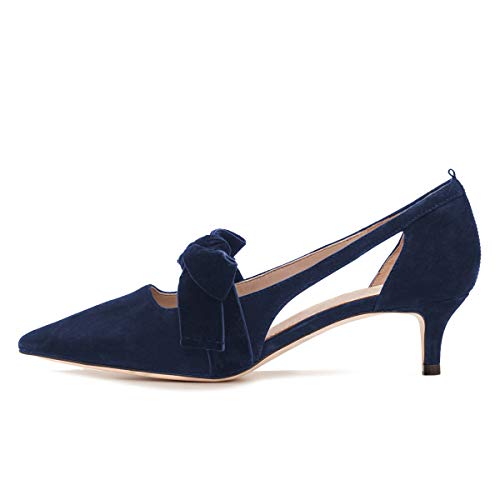 XYD Women Kitten Low Mid Heel Pointy Toe Pumps Elegant Cutout Bows Slip on Dress Office Lady Shoes