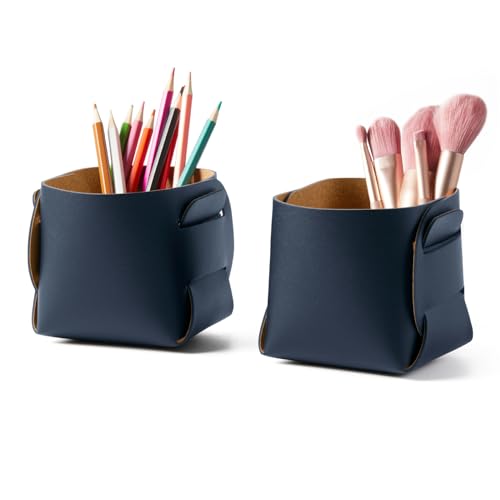 HOMIEAZICOZI 2-Pack Cork Leather Desk Accessories Storage - Pencil Pen Holder - Makeup Brush Holder Organizer - Stylish Addition to Home Decor (Dark Blue)