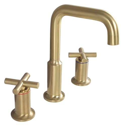 Woodwork Apron，Tools Apron Basin Tap Brass Brushed Gold Bathroom Faucet 2 Cross Handles, Hot and Cold Water Basin Faucet 3-Hole Installation Built-in Bubbler Suitable for Bathroom