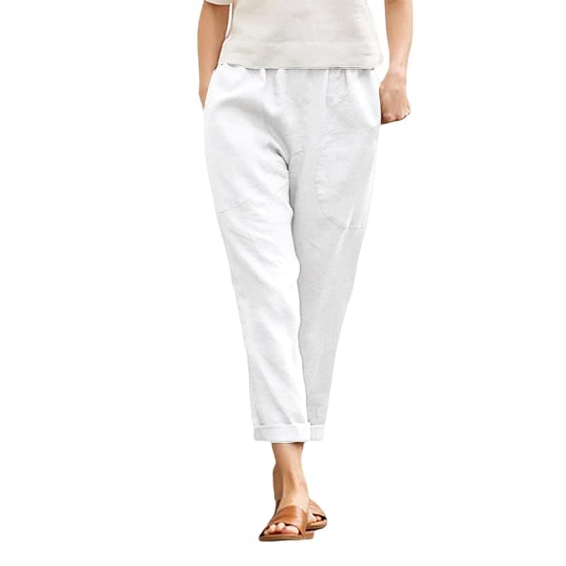 Womens Cotton Linen Capris Pants Plus Size Wide Leg Trousers with Pockets Casual Summer Beach Lounge Pants