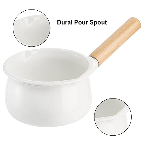 Jucoan 1 Quart Enamel Milk Pot With Dual Pour Spout, Small Enamel On Steel Saucepan Milk Pan Butter Warmer Pot With Wooden Handle, Stove Top Cooking Pot Soup Pot For Home Kitchen #TOP2