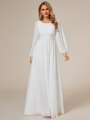 Ever-Pretty Women's Crewneck Long Lantern Sleeves Floor Length A-Line Pleated Chiffon Formal Dress White US12 - Thumbnail 4