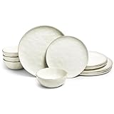 Sango 12-Piece Lightweight Porcelain Dinnerware Set for 4, Glossy Vanilla White Plates and Bowls Sets, Gold Rims, Farmhouse Ceramic Dish Set, Rustic Dishes, Microwave and Dishwasher Safe, Gansevoort