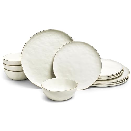 Sango 12-Piece Lightweight Porcelain Dinnerware Set for 4, Glossy Vanilla White Plates and Bowls Sets, Gold Rims, Farmhouse Ceramic Dish Set, Rustic Dishes, Microwave and Dishwasher Safe, Gansevoort Sango 12-Piece Lightweight Porcelain Dinnerware Set for 4, Glossy Vanilla White Plates and Bowls Sets, Gold Rims, Farmhouse Ceramic Dish Set, Rustic Dishes, Microwave and Dishwasher Safe, Gansevoort