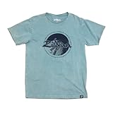 Mineral-gewaschenes blaues T-Shirt mit runder dunkelblauer Grafik auf der Vorderseite