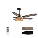 LuminFan 52 Inch Boho Black Rattan Ceiling Fans with Lights and Remote Control, Farmhouse Caged Rattan Ceiling Fan for Dining Room, Bedroom, Living Room and Patio, Indoor/Outdoor