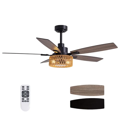 LuminFan 52 Inch Boho Black Rattan Ceiling Fans with Lights ...