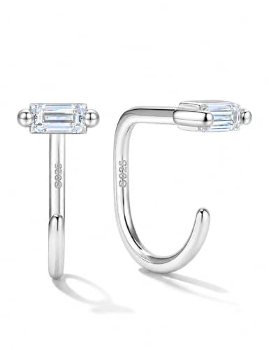 GEMQUEEN Moissanite 925 Sterling Silver Half Hoop Earrings for Women Small Stay Close Huggie Hoops Comfort Backless Earring Lightweight No Back Moissanite Arc Hoop Earrings D Color VVS1 Rectangle