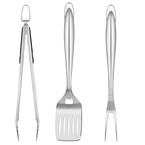 Homikit Grill Zubehör, 3-TLG Edelstahl Grillbesteck Grillwerkzeug Set, Grillzubehör mit Grillzange Pfannenwender Fleischgabel für Männer Geschenk,...