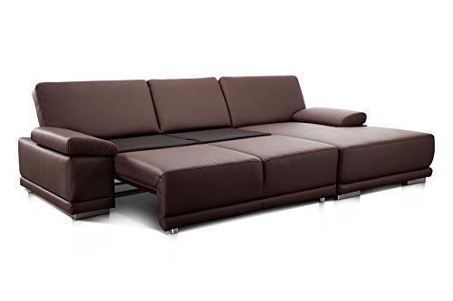 CAVADORE Ecksofa Corianne mit Schlaffunktion / Bettsofa in L-Form im modernen Design, inkl. Armteilverstellung und Longchair / 282 x 80 x 162 / Kunstleder, braun