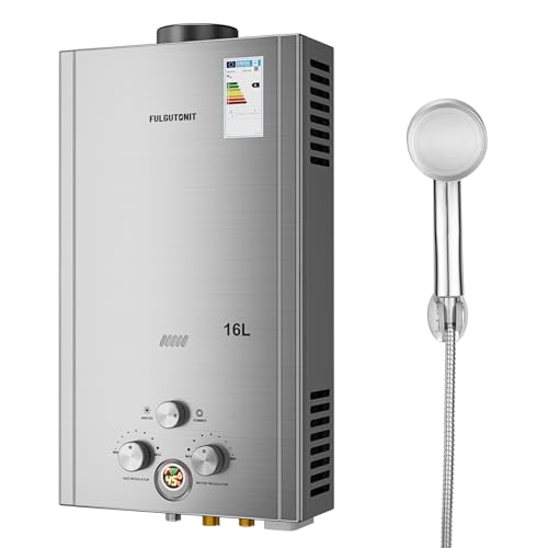 Fulgutonit Gasdoorstroomboiler met drukdouche, LPG, propaan, butaangas, doorstroomboiler, geschikt voor thuis, camper en buiten, 16 liter