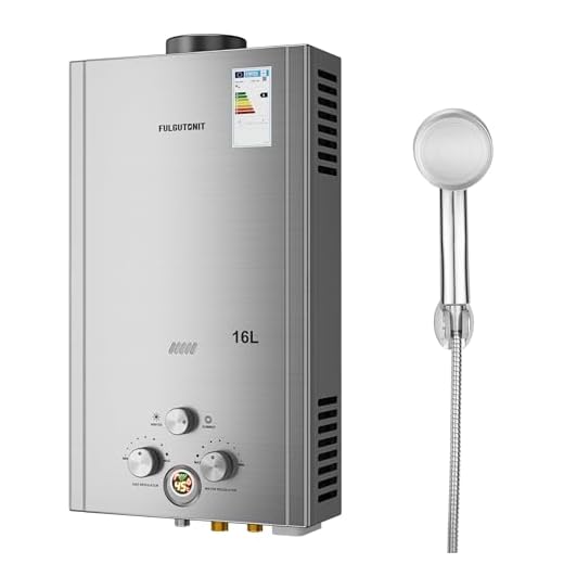 Fulgutonit Calentador de Agua de Gas 16L Con Ducha Sobrealimentada, Calentador de Agua de Gas GLP Propano Butano Adecuado Para el Hogar, Vehículos Recreativos y Exteriores