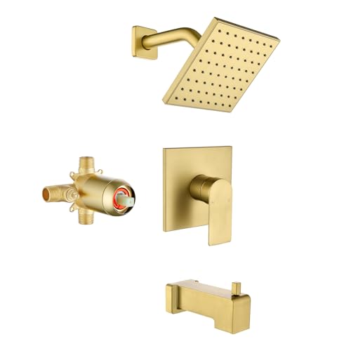 Juego de grifería para ducha y bañera en acabado dorado cepillado, con cabezal lluvia de 6 pulgadas y salida para bañera miniatura 1