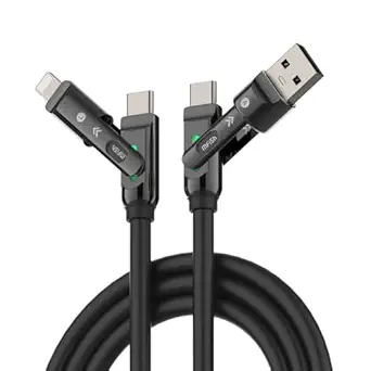 MFish 4 in 1 Charging Cable, 240W Max Fast Charger Cord 10FT with Carrying Case, Silicone USB A/C to Lightning/C with Light, Multi Universal Cable for iPhone 17/16/MacBook/iPad/Laptop/Carplay, Black