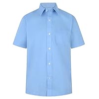 HAK ideas LTD Boys School Shirt Short Sleeve – Pack of 2 Non Iron Regular Fit Kids Formal Uniform Button Down Easy Care Comfort UK Size (UK, Age, 13 Years, 14 Years, Regular, Light Blue)