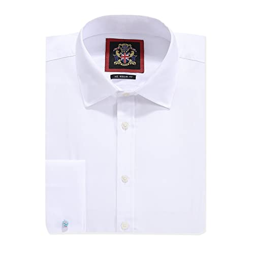 Camisas de Vestir Lisas de Hombre,Manga Larga,Doble Puño Francés con Gemelos incluidos,Ajuste Regular, Camisa de Negocios by Janeo British Apparel. White, 18 Inches
