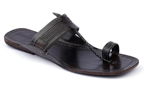 Image of KORAKARI Mens Kolhapuri Chappal, Handcrafted Sandal, Smooth and Comfortable Flip Flops Slipper Anti Slip Design Genuine Leather Traditional Footwear.