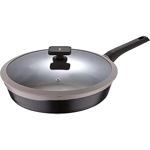 MasterPro Frying Pan with Tempered Glass Lid, 32cm/12.5”, Durable Cast Aluminium Frying Pan, Non Stick Fry Cooking Pan, Suitable for All Gas Types, Gastro Titanium, Brown… Cover